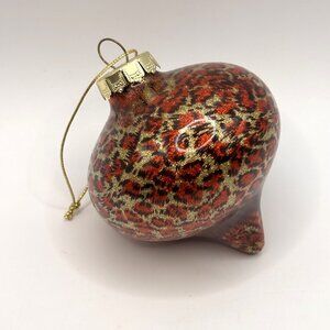 Vtg Christmas Glass Ornament Teardrop Shape Red Gold Brown Animal Print 4” H